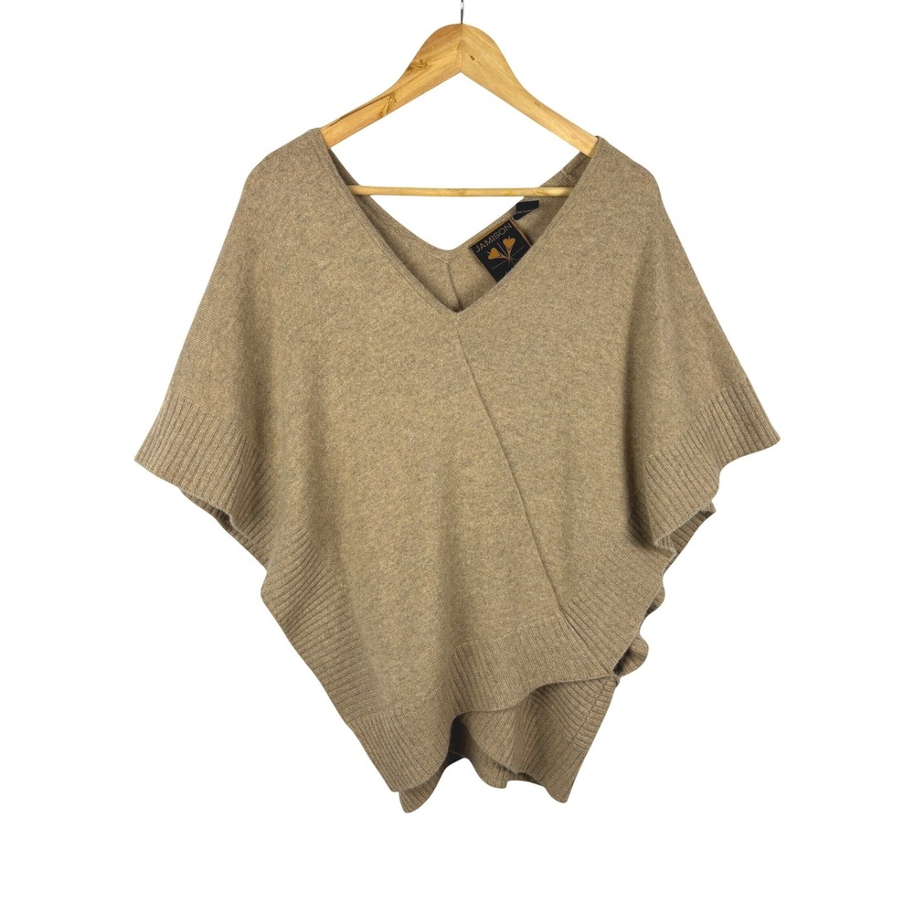 Jamison Women 100% Cashmere V-neck Poncho Sweater Sz S Tan Cozy Luxury Chic Soft